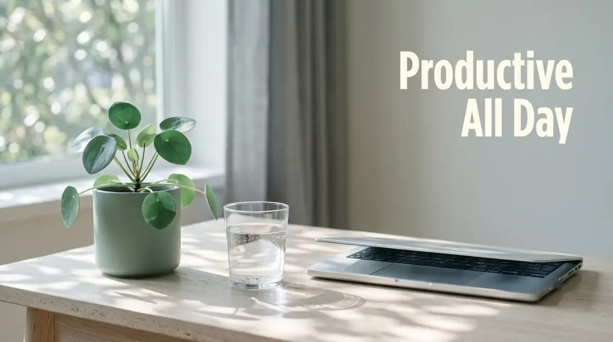 a glass of water, a small plant and a tidy laptop on a bright desk