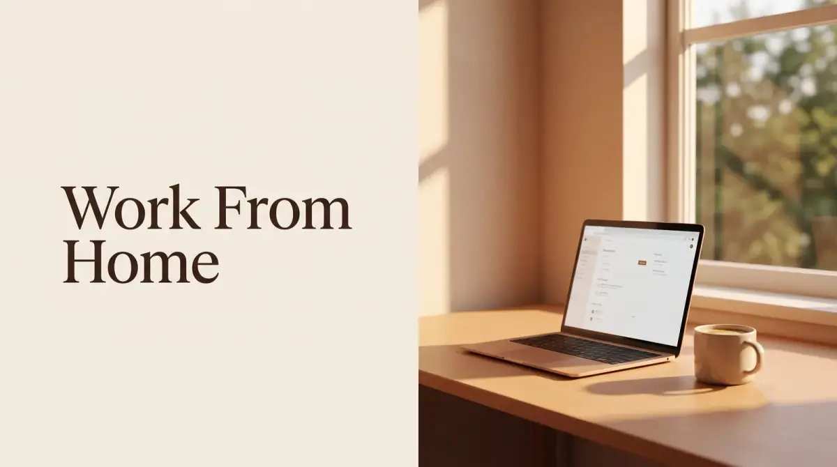 a clean home-office corner by a window with a laptop and a coffee