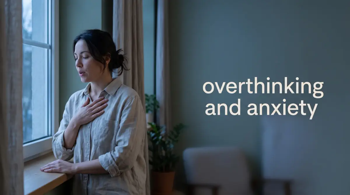 a person taking a slow breath by a window with a hand resting on their chest, morning light