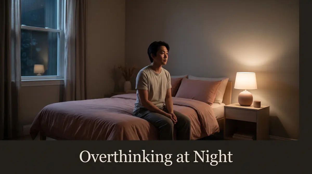 a dim bedroom with a person sitting on the edge of the bed beside a soft lamp
