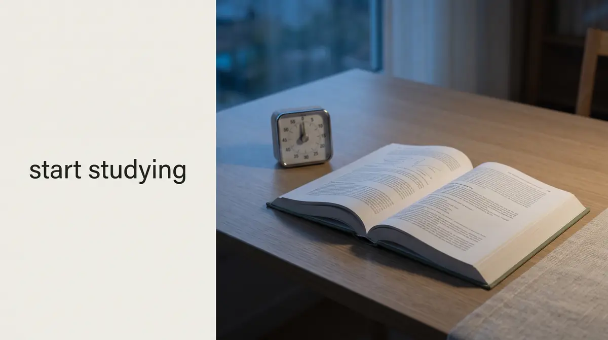an open textbook and a small timer on a cleared desk, ready to begin