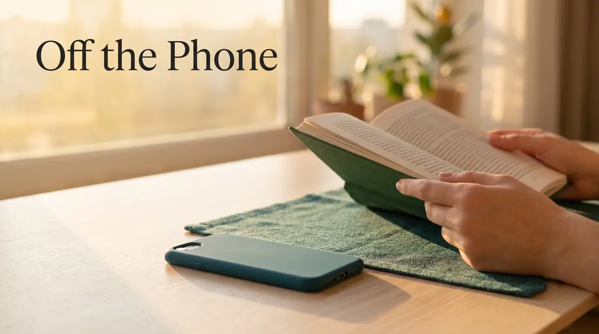 a phone lying face-down on a table beside an open book being read