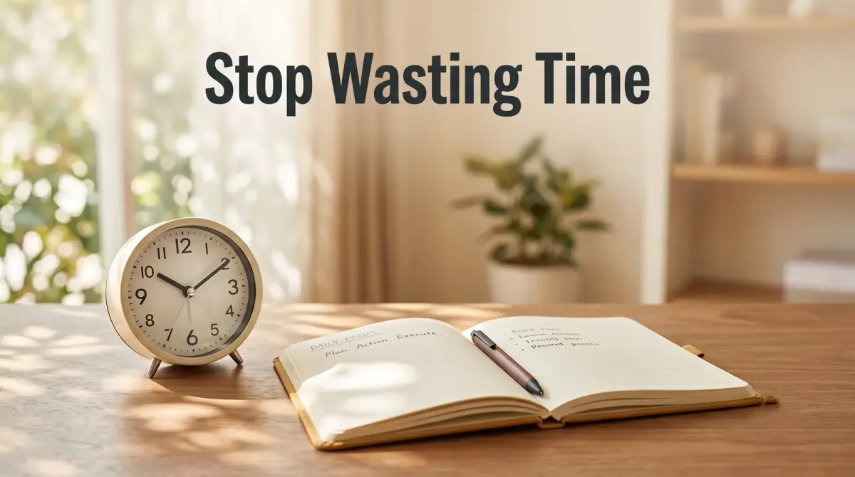 a simple clock face beside a tidy, focused desk with one open notebook