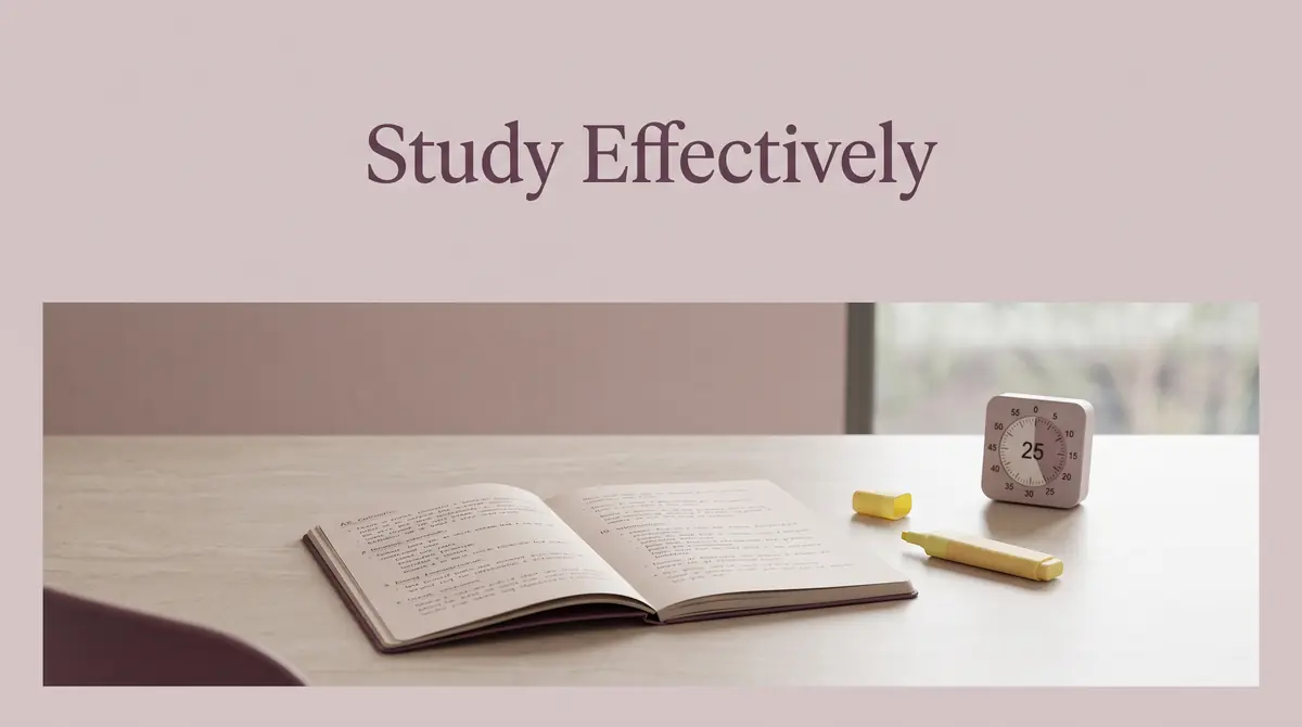 an organized study desk with open notes, a highlighter and a small timer