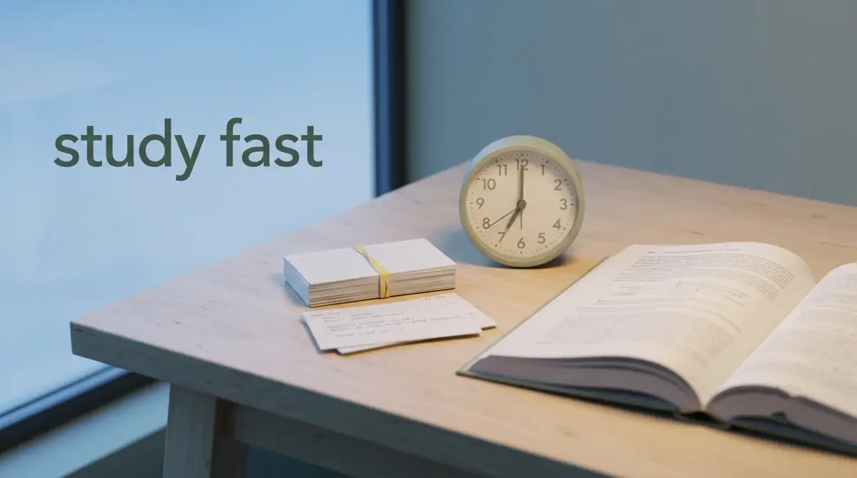 a small clock beside an open textbook and a stack of flashcards