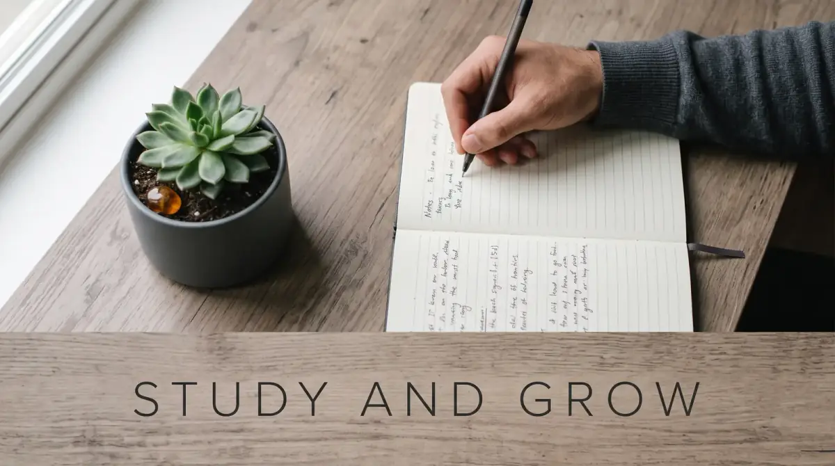 a student writing in a notebook beside a small potted plant, hopeful and calm