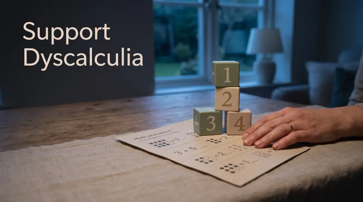 number blocks and a worksheet with a supportive hand resting nearby
