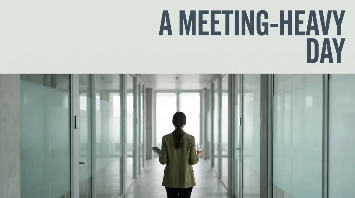 a woman walking away down a glass-walled office corridor