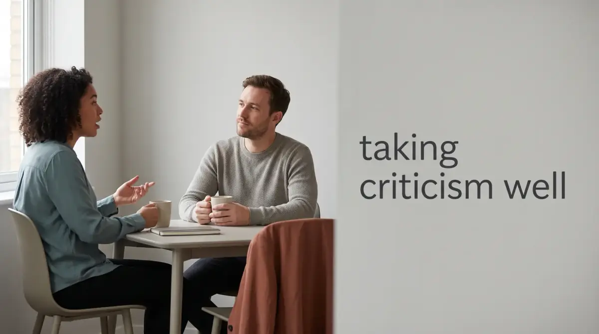 a man and woman in conversation over mugs at a table