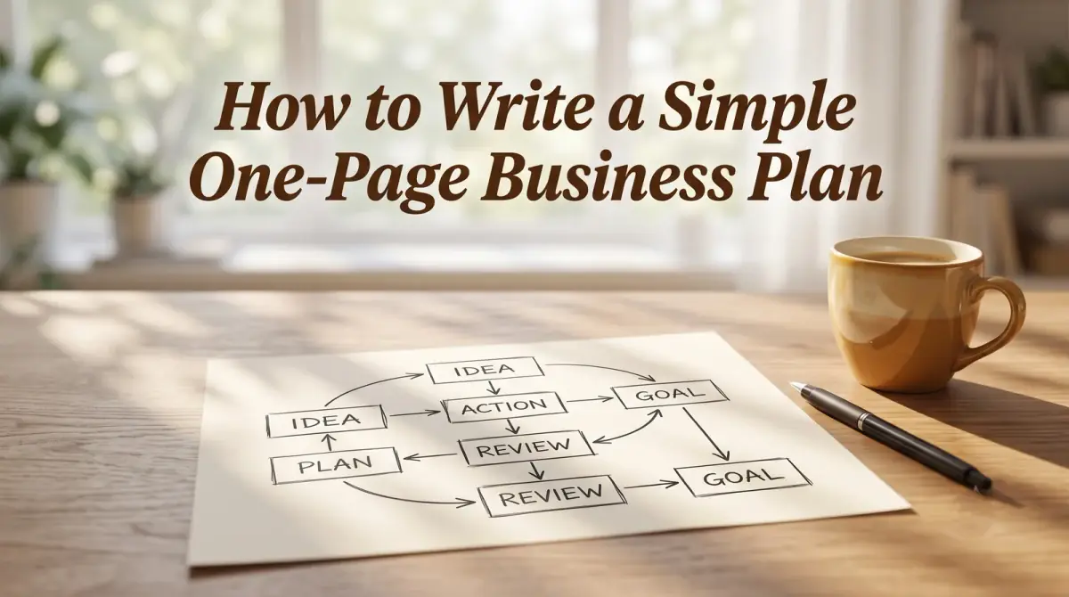 a single sheet of paper with a hand-sketched one-page plan of boxes and arrows, a pen and coffee beside it