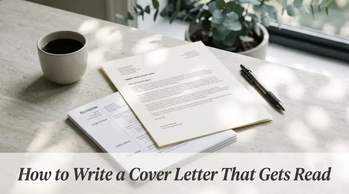 a single-sheet cover letter on a desk beside a pen, a resume and a coffee