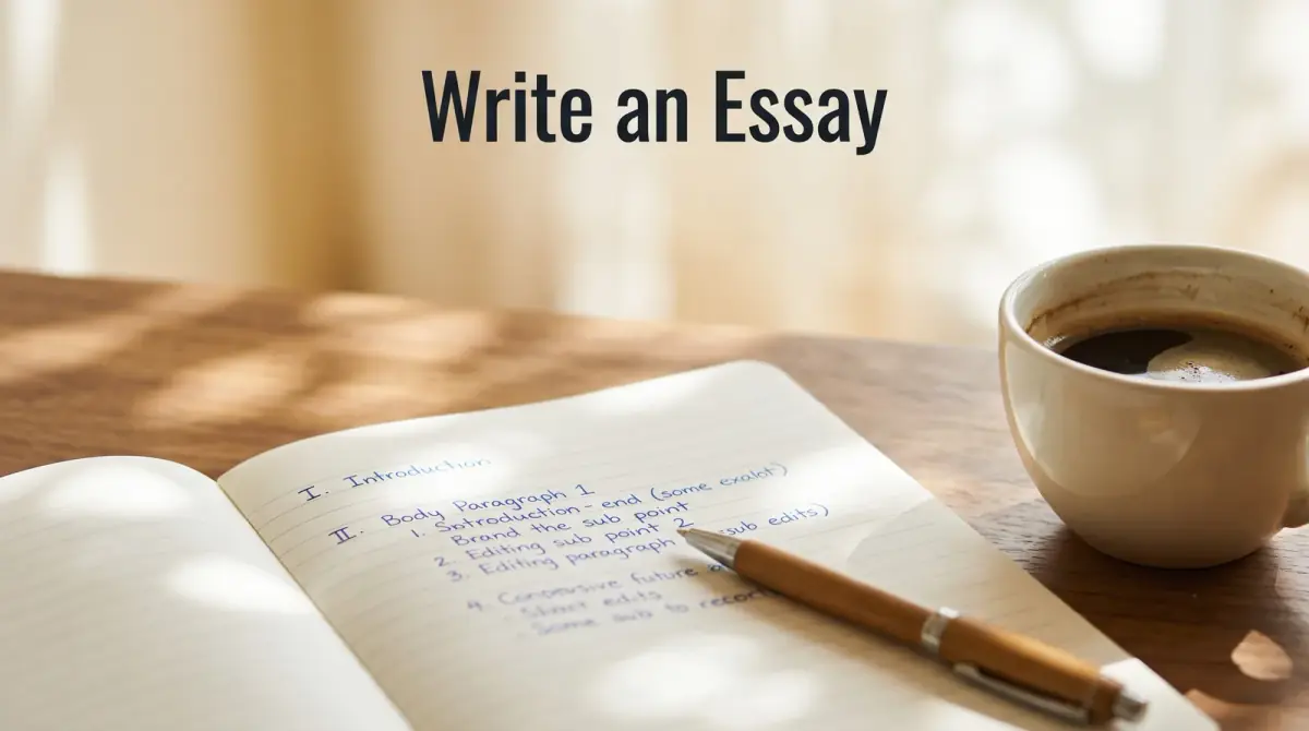an open notebook with a written outline, a pen and a coffee