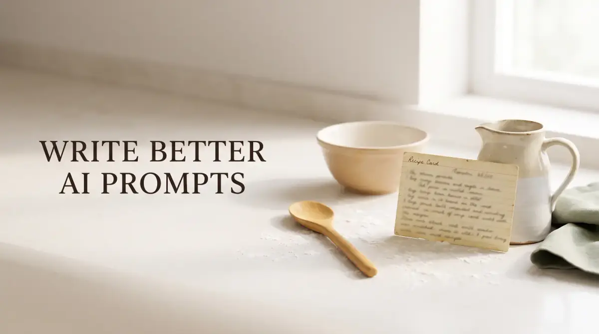 a handwritten recipe card beside a bowl, jug and wooden spoon