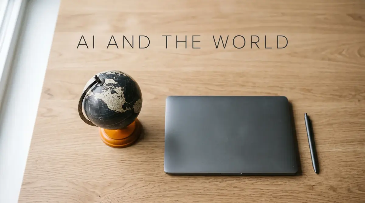 a small globe on a desk beside a laptop, contemplative and calm