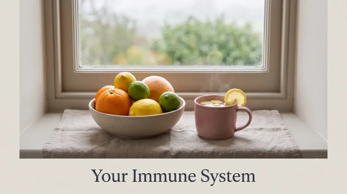 a bowl of citrus fruit and a mug of ginger tea on a bright windowsill