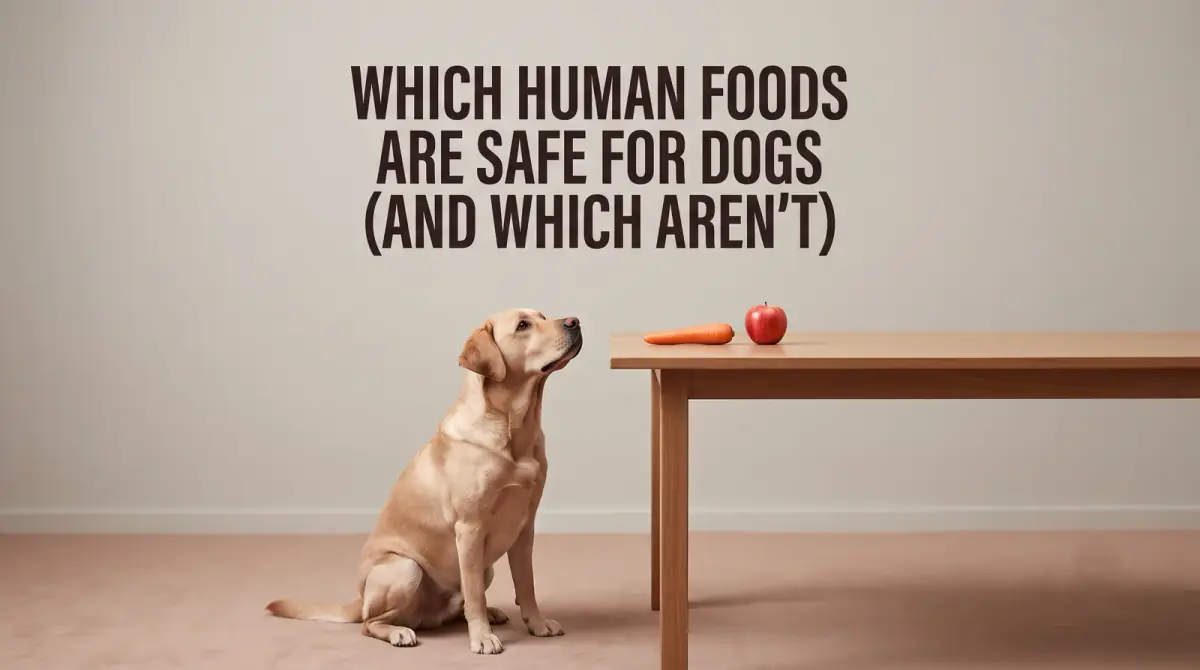 a dog looking up at a wooden table where a few plain foods, a carrot and an apple, are neatly arranged