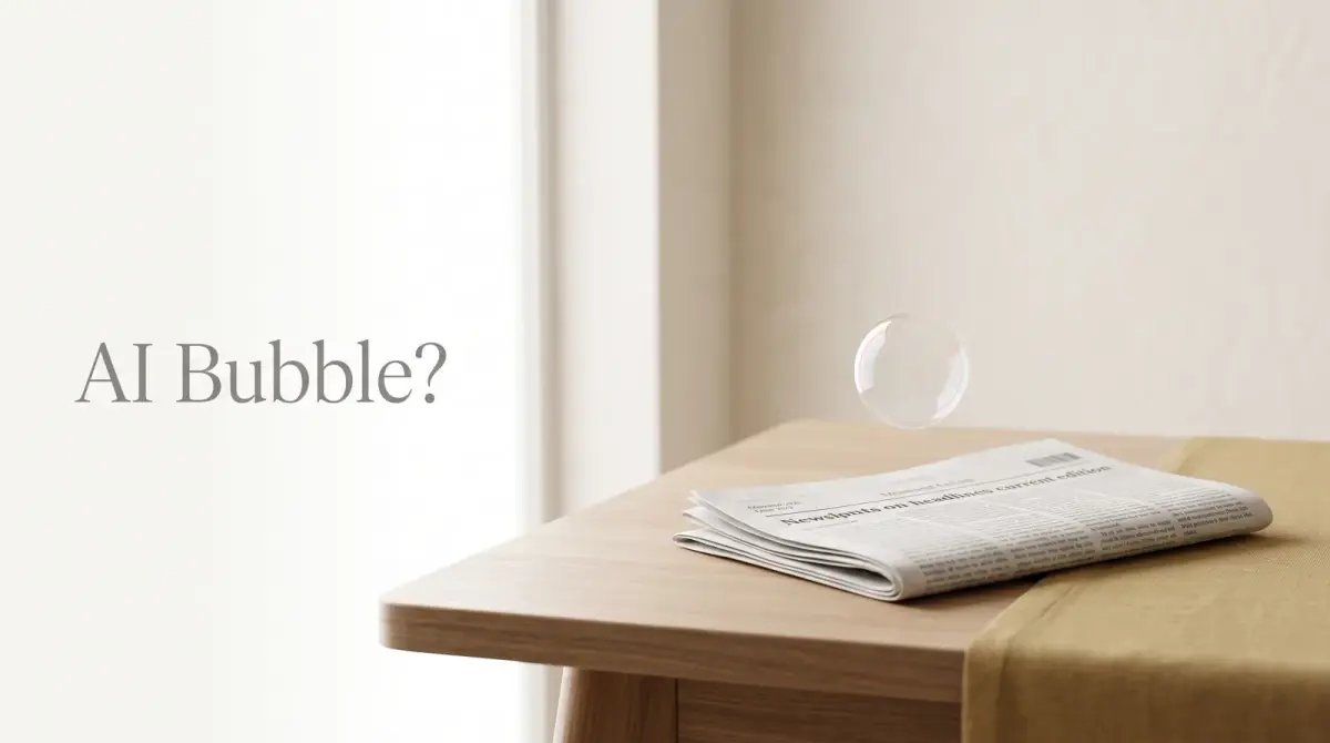 a single soap bubble drifting above a folded newspaper on a table