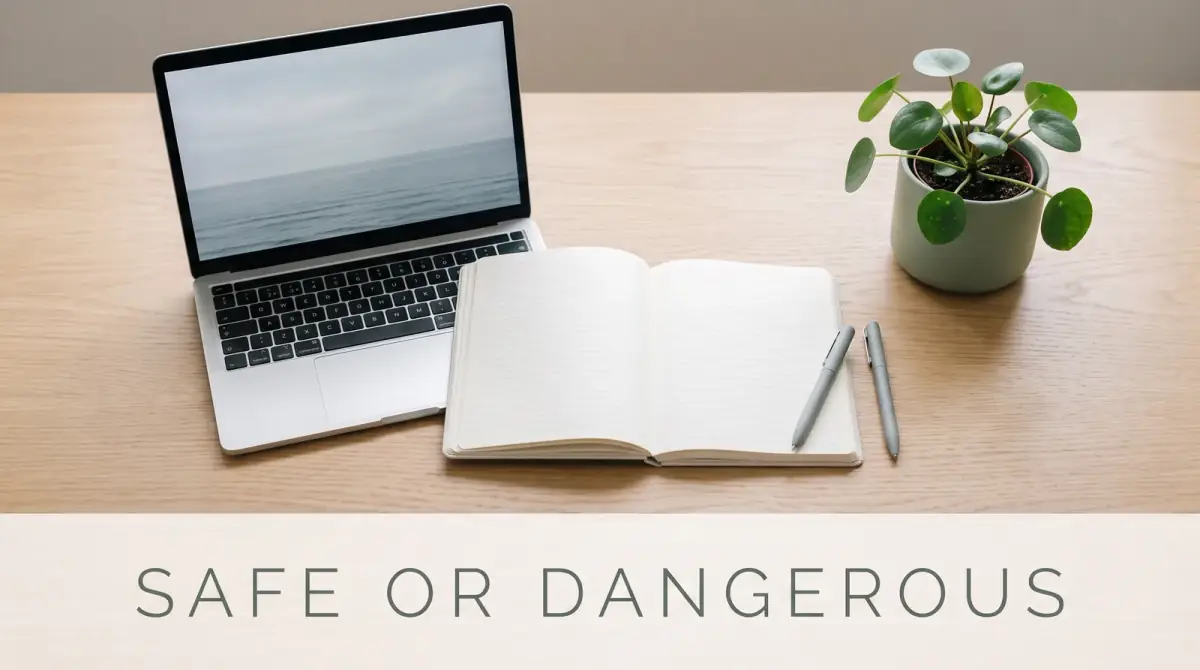 a laptop and a small houseplant on either side of a notebook, a sense of balance