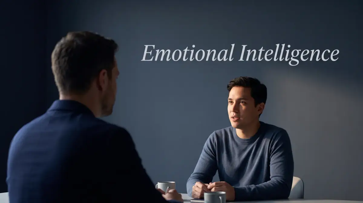 two people in warm conversation at a table, one listening attentively