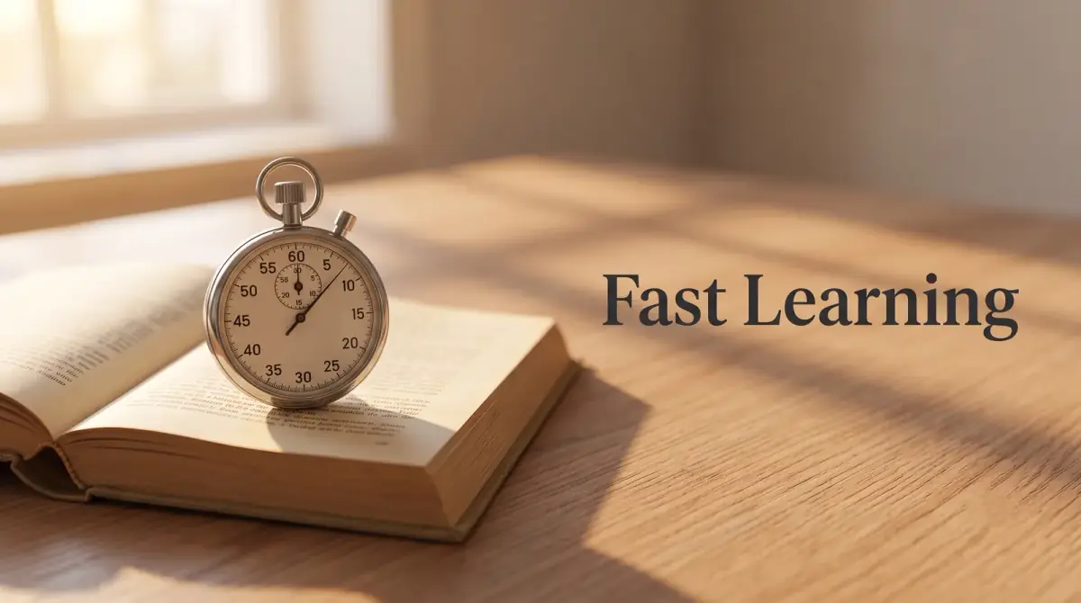 a stopwatch resting on an open book on a wooden desk