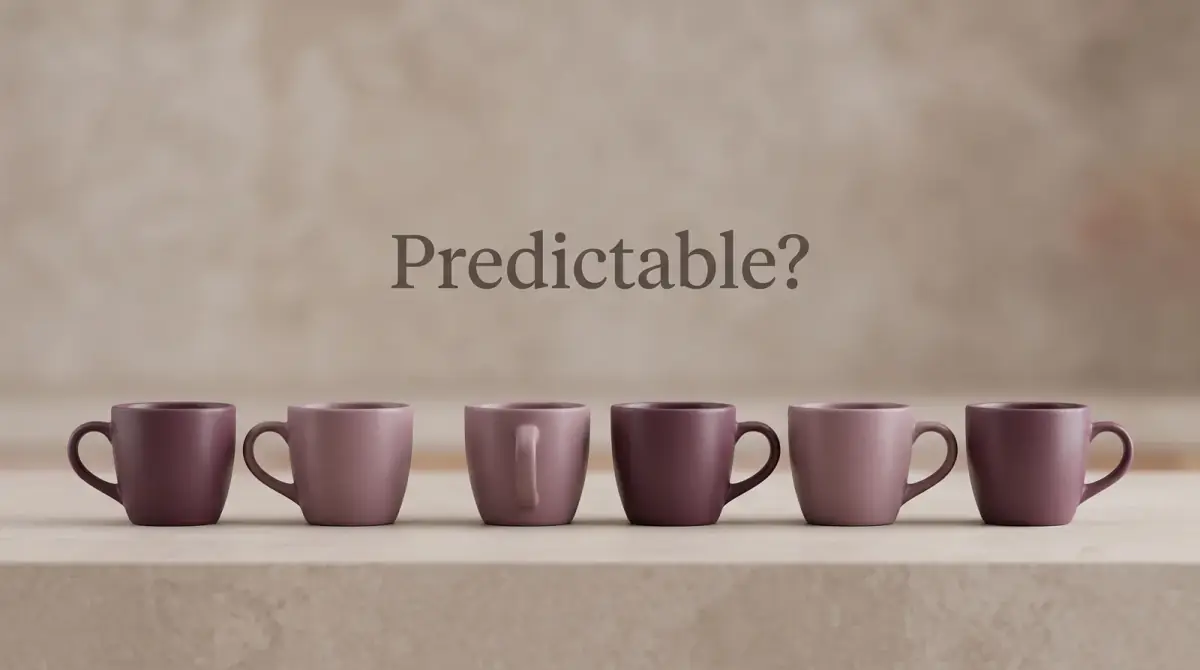 a row of identical coffee cups on a counter with one turned a different way