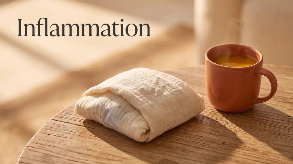 a single cloth-wrapped ice pack resting on a wooden table beside a mug of turmeric tea
