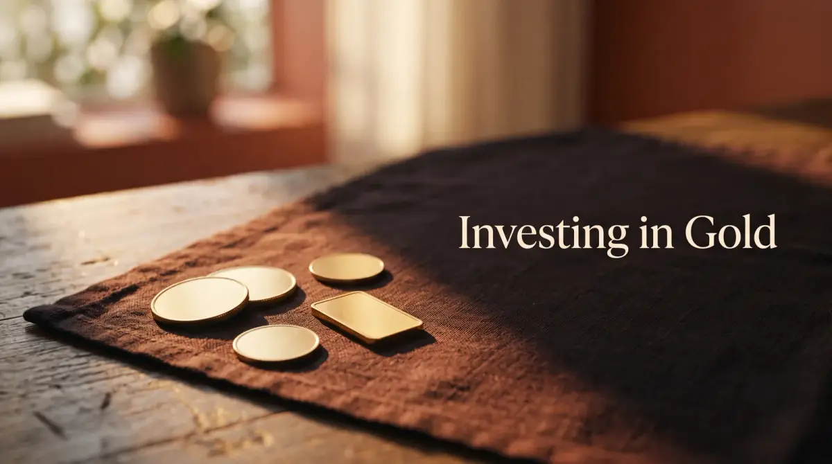 a few plain gold-toned coins and a small bar resting on a dark cloth