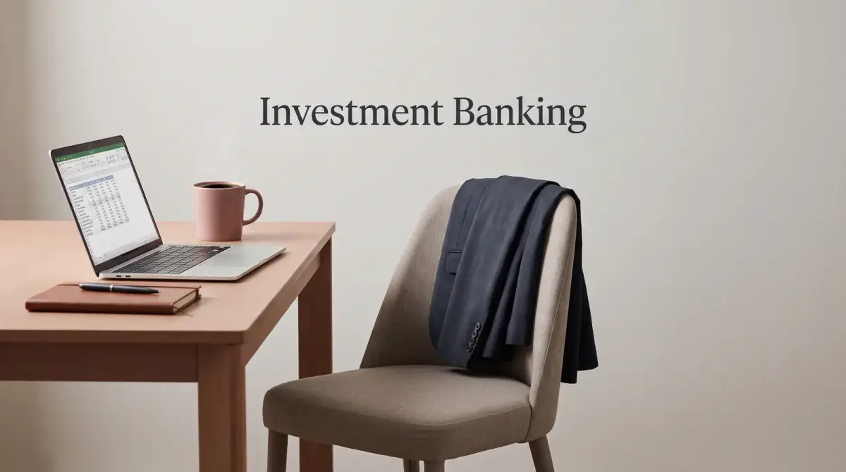 a crisp folded blazer over a chair beside a desk with a laptop and coffee in early light
