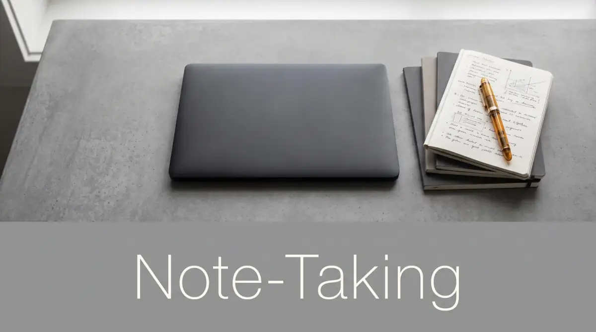 a stack of handwritten notebooks beside a laptop on a desk