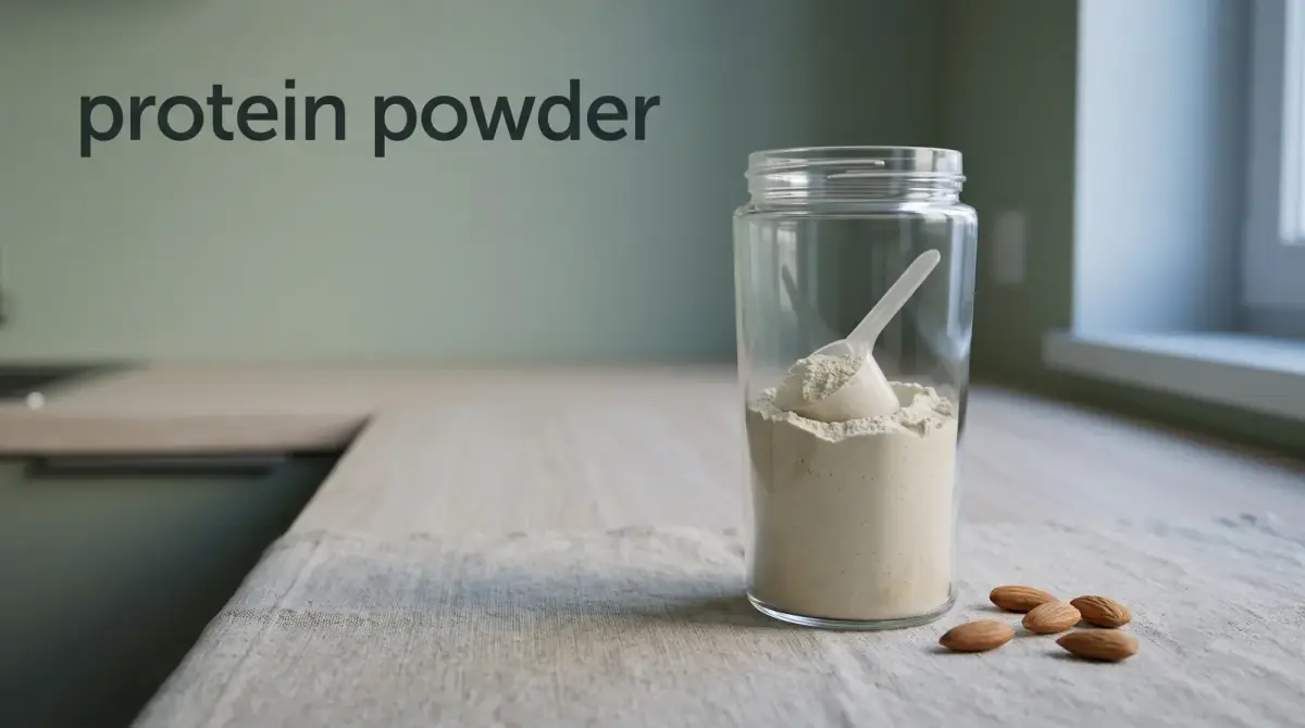 a scoop of unbranded pale protein powder in a plain glass shaker with a few almonds beside it on a counter
