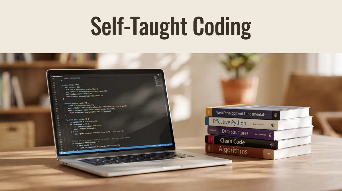 a laptop showing code beside a stack of programming books in a home setup
