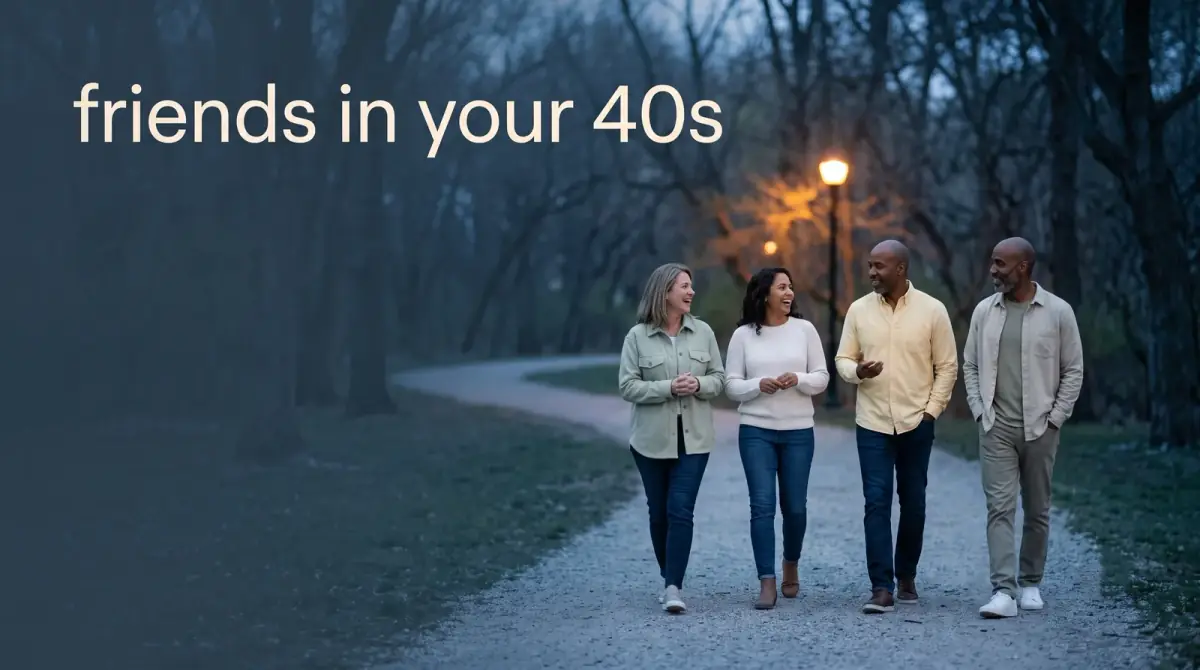 a small group of adults walking together along a path in warm light