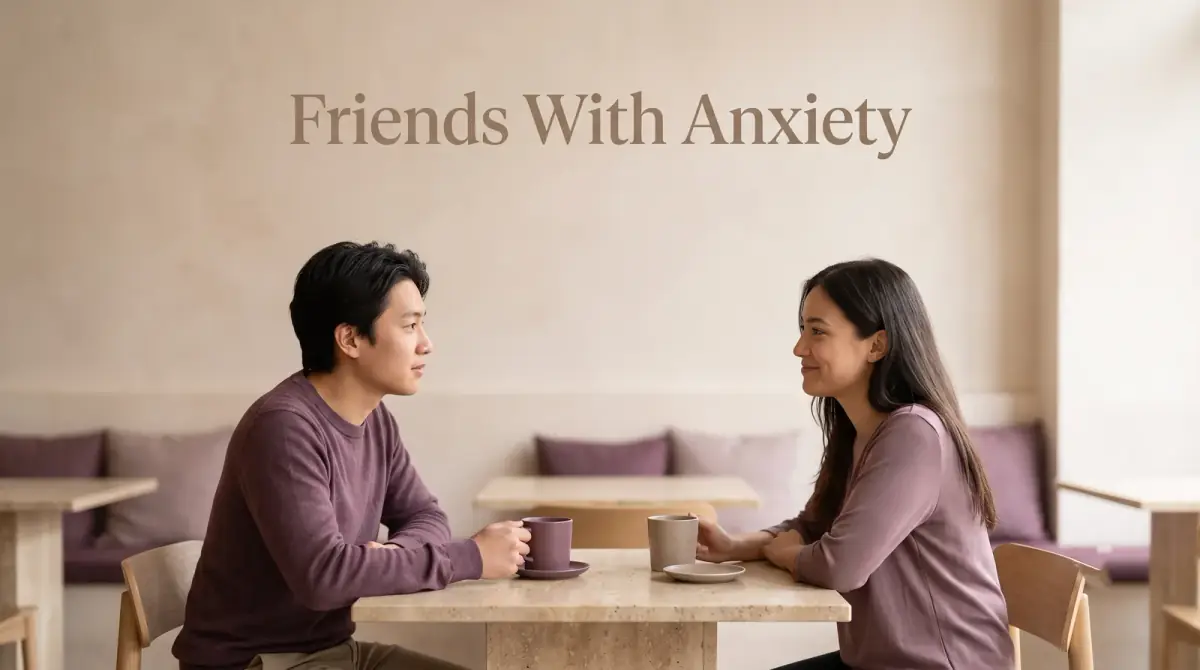 two people sharing coffee at a relaxed cafe table, one gently easing in