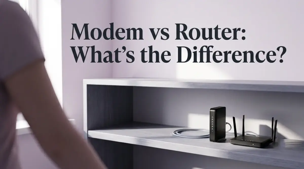 a modem and a router sitting side by side on a shelf, joined by a single cable