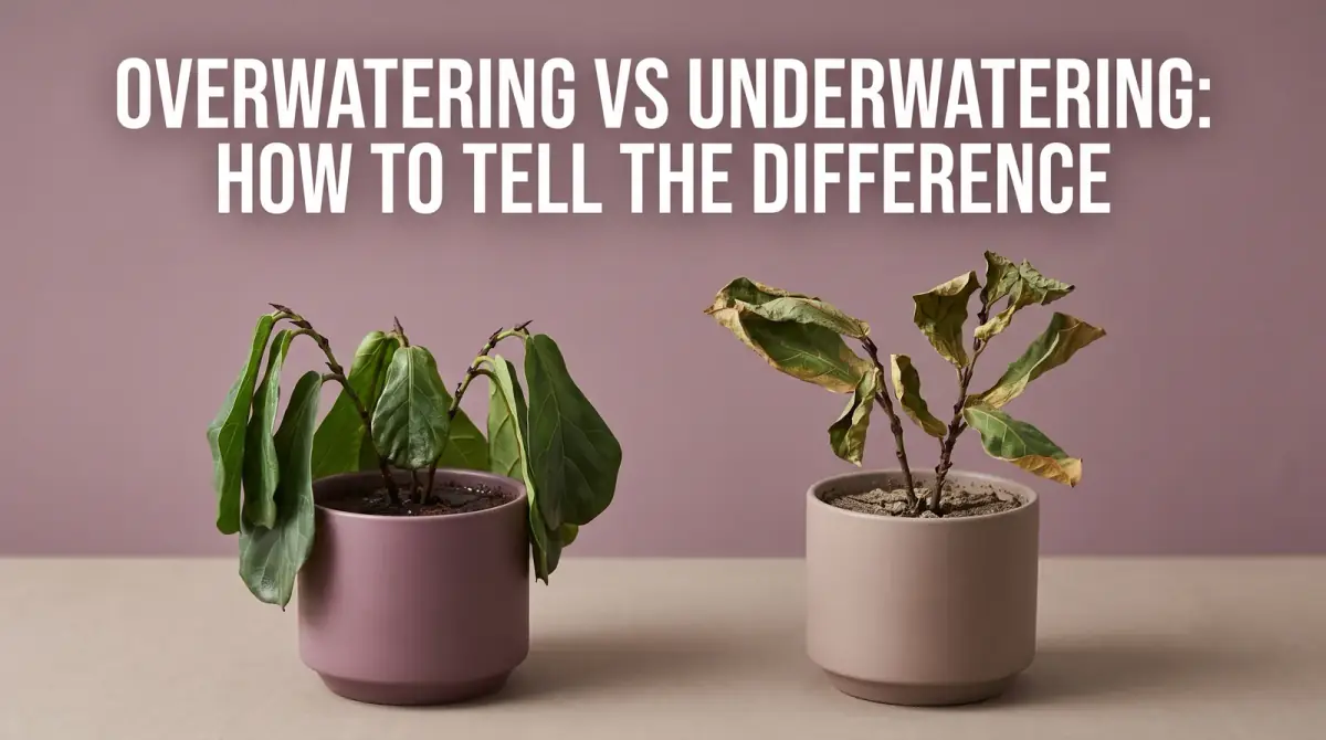 two identical potted plants side by side, one with soggy drooping leaves and one with dry curled leaves
