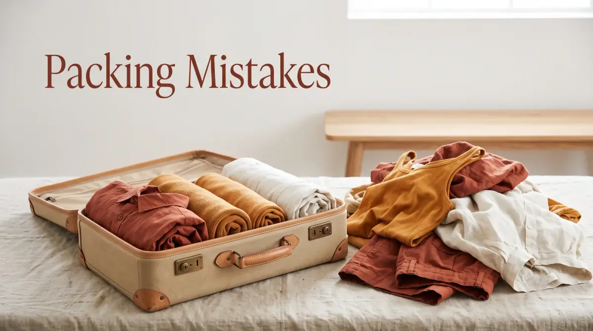 an open suitcase with neatly rolled clothes beside a messy loose pile