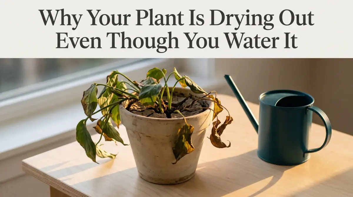 a potted plant with dry, curling leaves and cracked soil pulled away from the pot, a watering can beside it