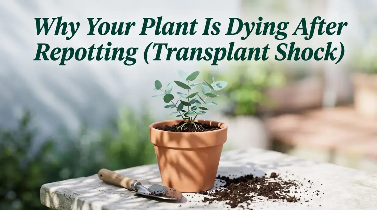 a young plant freshly moved into a terracotta pot with fresh soil, a trowel and a little spilled earth beside it