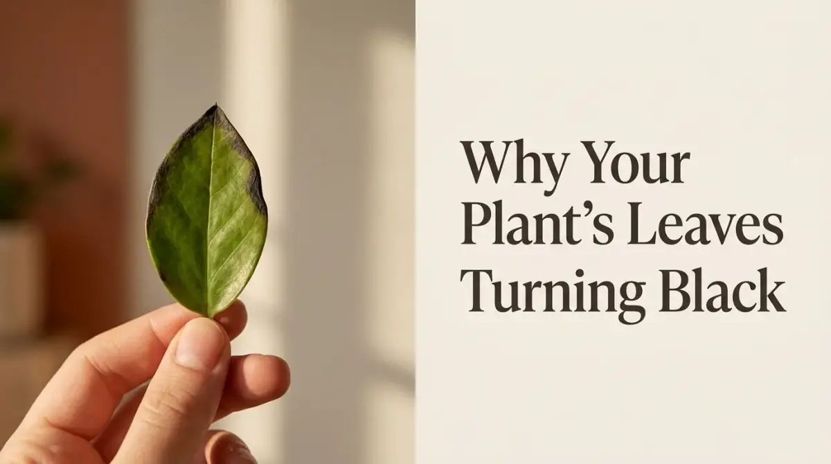 a houseplant leaf with darkened, blackening edges held gently between two fingers, soft background
