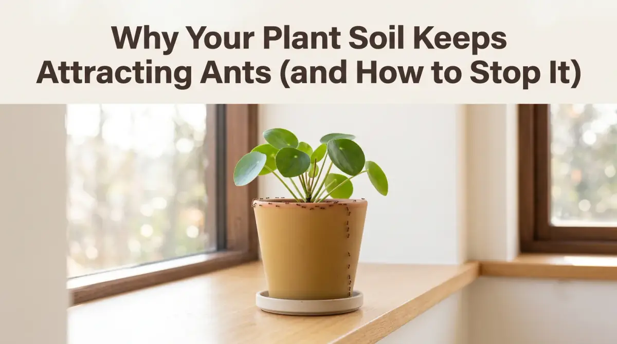 a potted plant on a windowsill with a faint trail of tiny ants along the rim of the pot