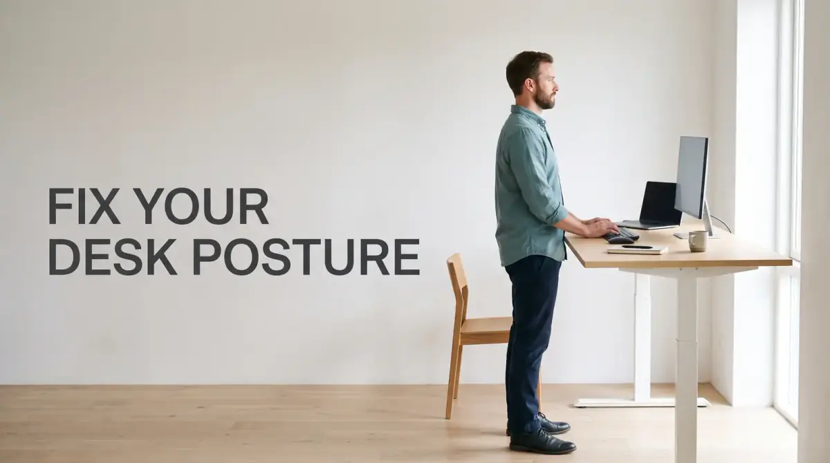 a man working while standing at a height-adjustable desk in a bright room
