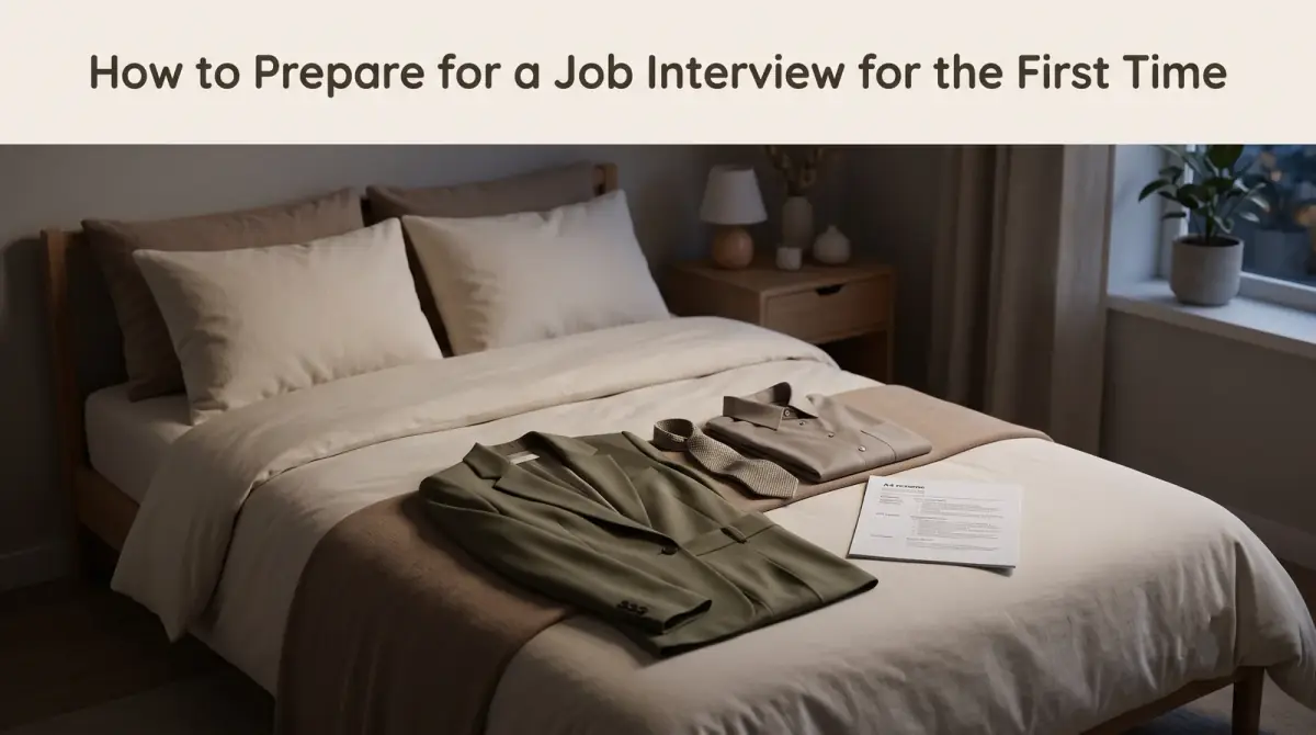 interview clothes and a printed resume laid out the night before on a bed, calm bedroom light