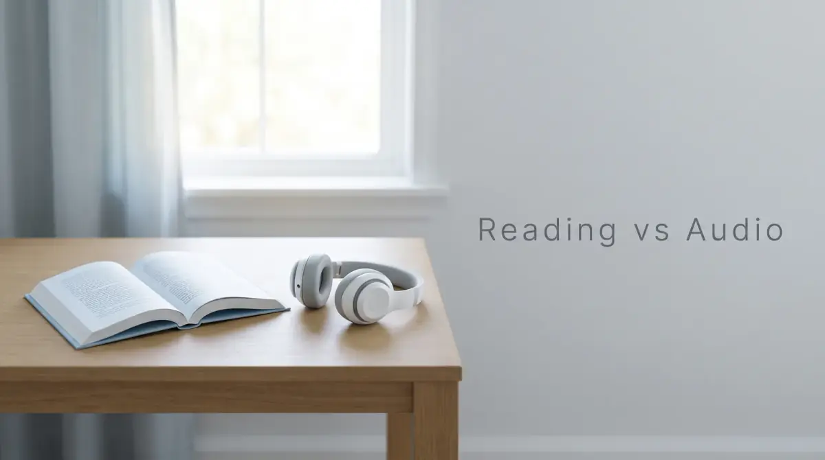 an open book and a pair of headphones resting side by side on a table