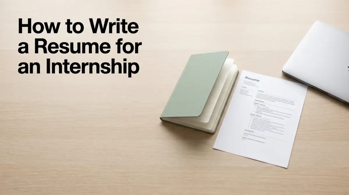 a resume and a student notebook side by side on a desk with a laptop