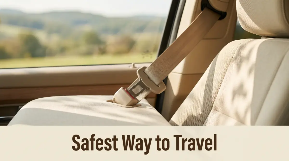 a buckled seatbelt in a vehicle seat with a calm window view beyond