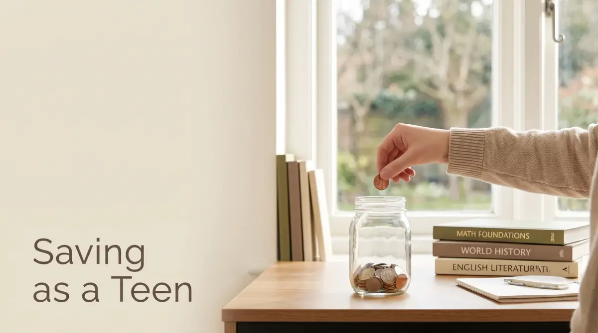 a young person's hand dropping a coin into a clear jar on a desk with schoolbooks nearby