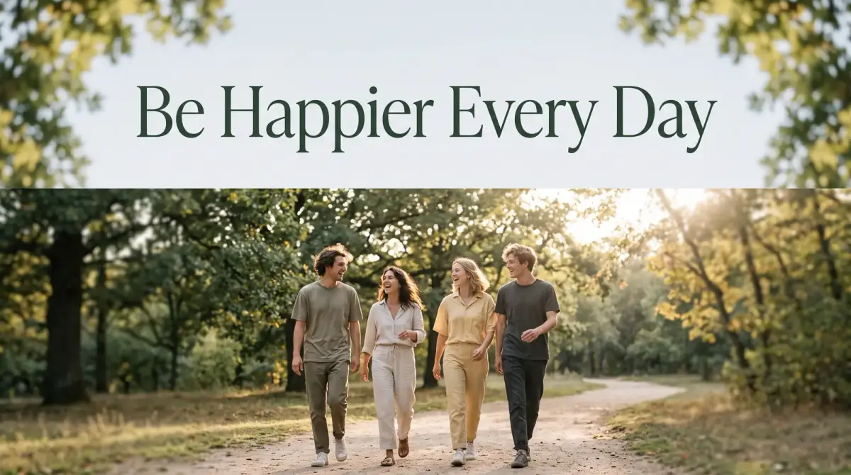four friends walking a sunlit wooded path together