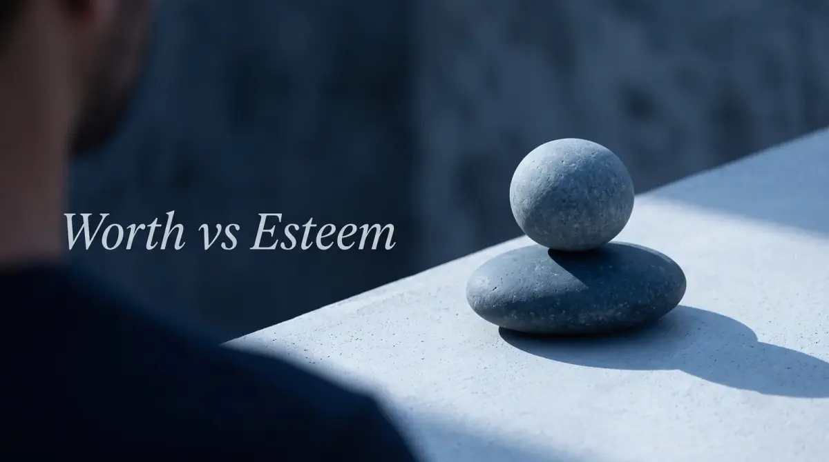 two smooth stones of different sizes balanced carefully on a pale surface