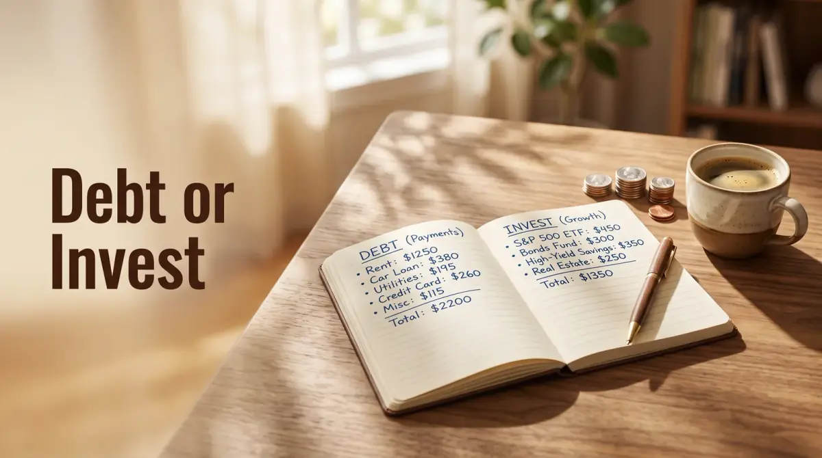 an open notebook with two neat handwritten columns, a pen, a small stack of coins and a coffee cup