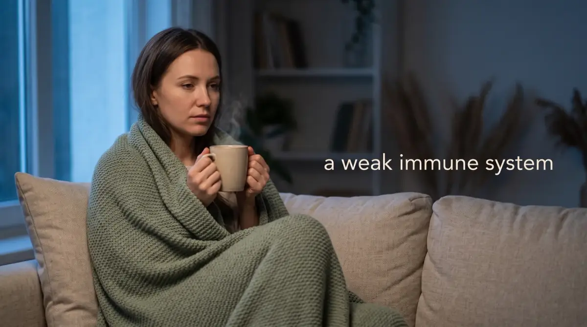 a person wrapped in a soft blanket holding a warm mug on a sofa, tired but calm